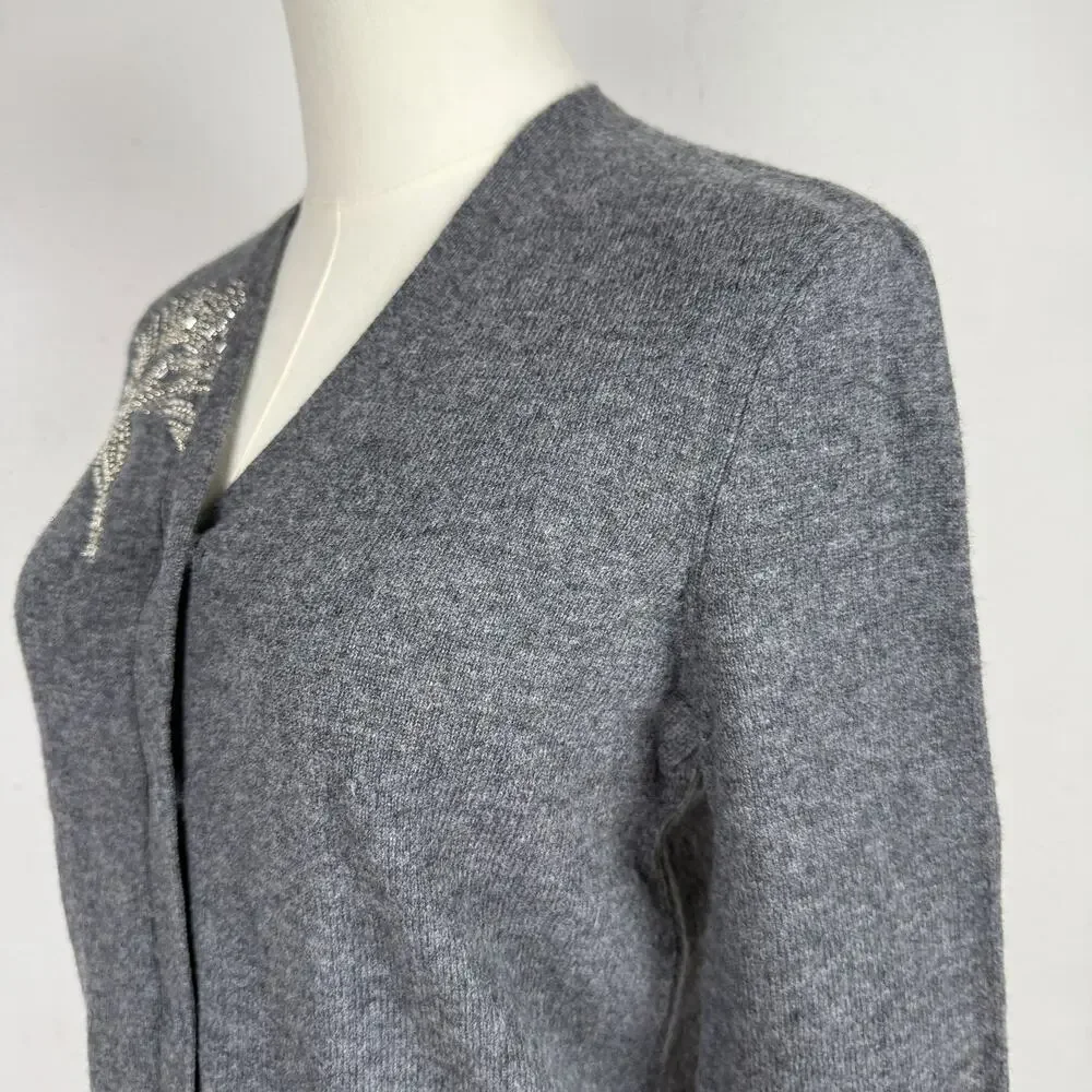 Tory Burch Merino Wool Cardigan Beaded Palm Tree Gray Sweater - XS
